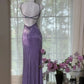 Stunning Sheath Spaghetti Strap Beaded Purple Chiffon Long Prom Dress Evening Dress with Slit SH2967