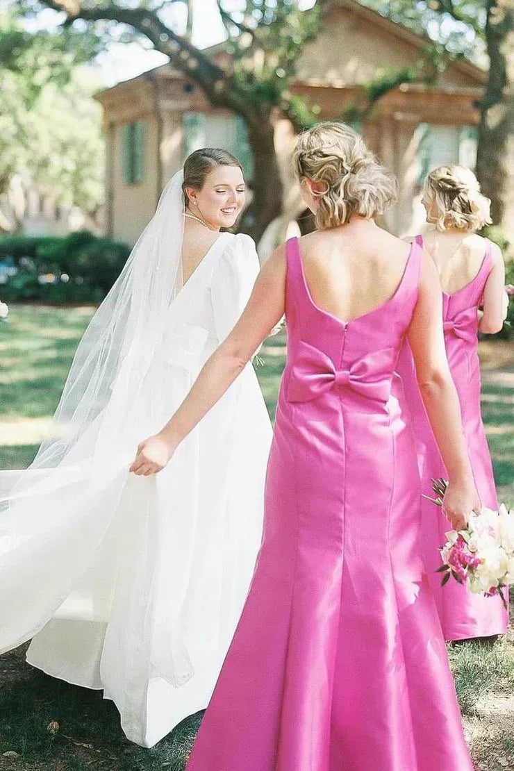 Sheath Square Neck Fuchsia Satin Bridesmaid Dresses with Bow SH6290