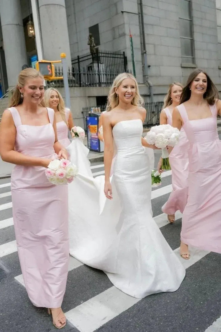 Pink Straps Sheath Square Neck Satin Sleeveless Long Bridesmaid Dress SH6288