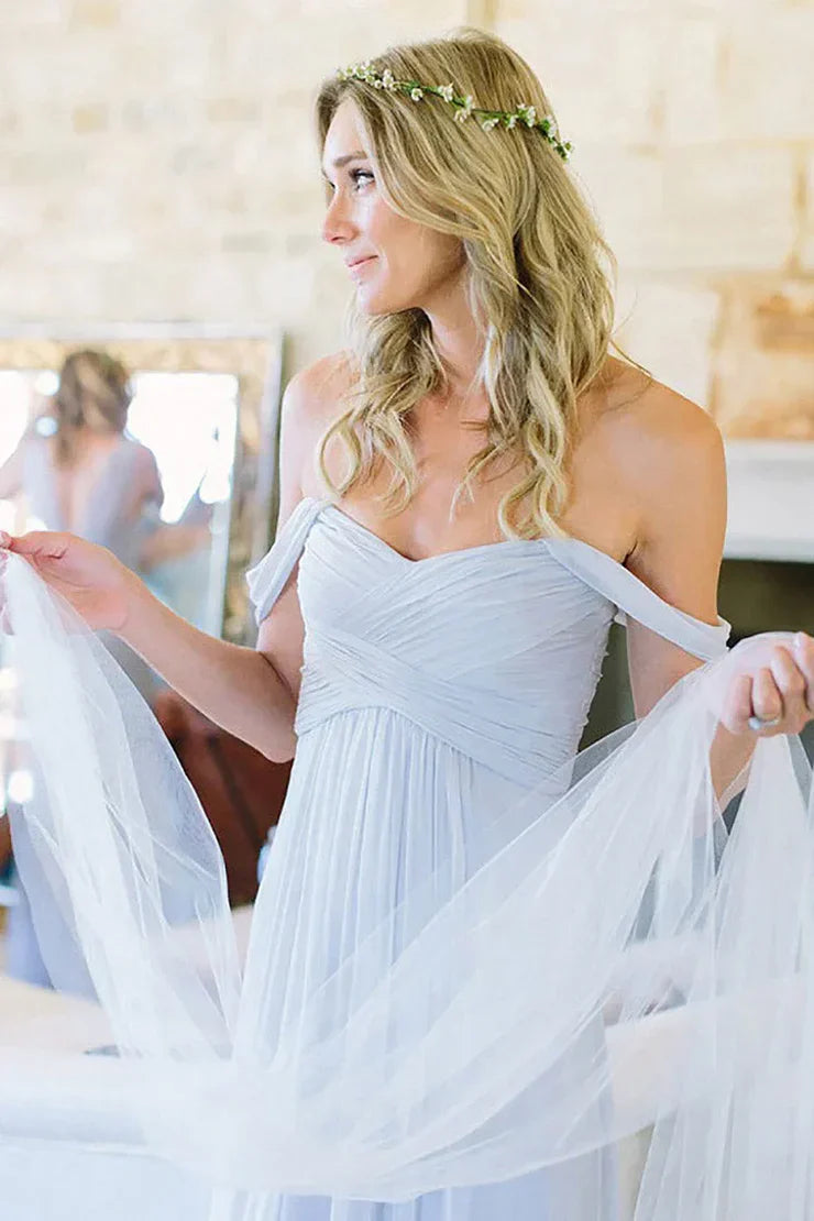Light Blue A-Line Off the Shoulder Long Chiffon Boho Bridesmaid Dress SH6281