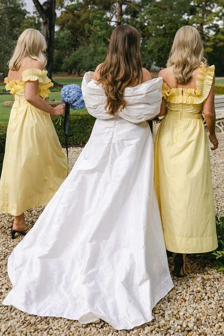 Yellow Off the Shoulder Ruffle Cotton Ankle Length Bridesmaid Dresses SH6294