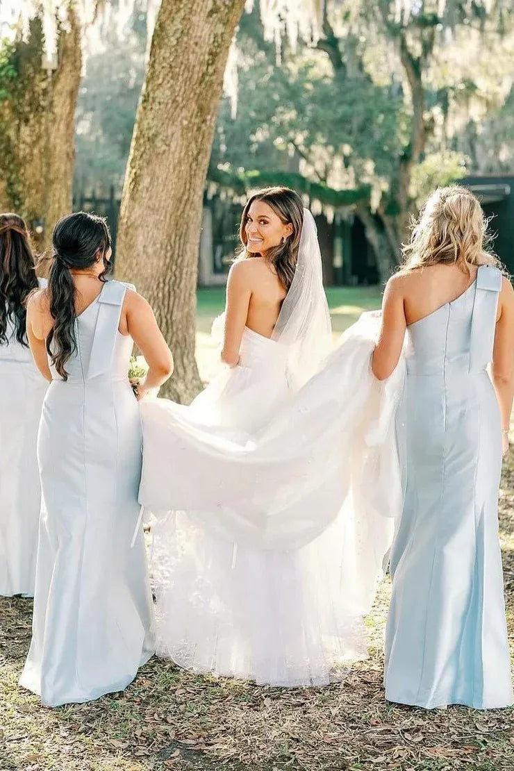 Light Blue One Shoulder Satin Sheath Long Bridesmaid Dresses SH6296