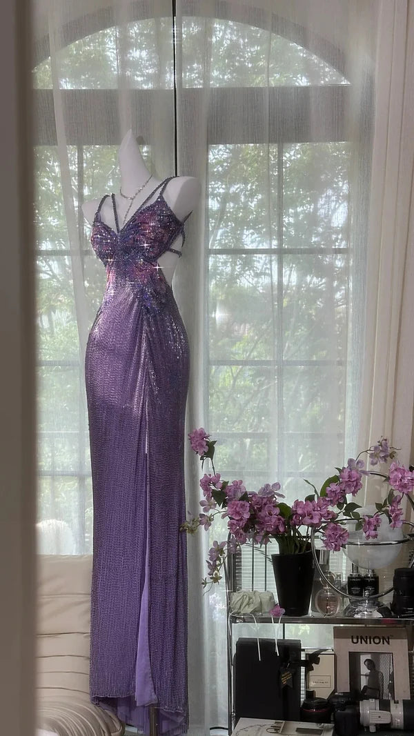 Stunning Sheath Spaghetti Strap Beaded Purple Chiffon Long Prom Dress Evening Dress with Slit SH2967