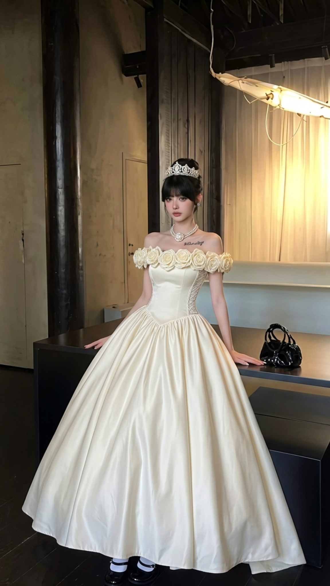 Princess Ball Gown Off the Shoulder 3D Floral Ivory Satin Long Prom Dress Wedding Dress SH6903