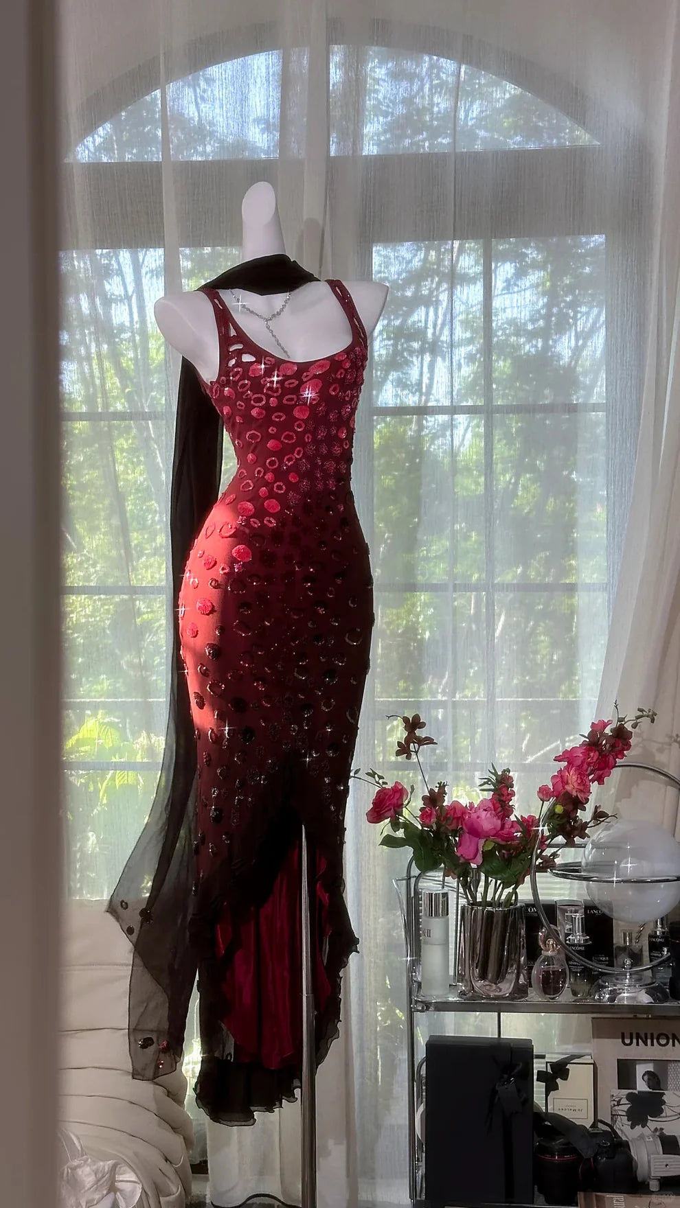 Exquisite Mermaid Straps Beaded Burgundy Chiffon Prom Dress Wedding Guest Dress SH4324