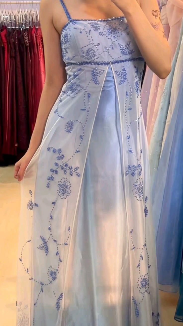 Vintage A Line Spaghetti Strap Beaded Blue Ombre Satin Tulle Party Dre