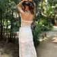 White Sheath Sweetheart Neck Lace Two Piece Evening Dress Outfit with Slit SH1762