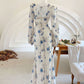 Elegant Mermaid Long Sleeve Blue Floral Chiffon Prom Dress Party Dress Outfits SH4075