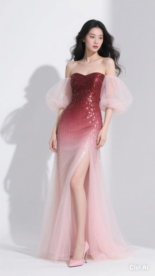 Pink Ombre Mermaid Off the Shoulder Sequin Tulle Prom Dress Party Dress 16th Birthday Dress SH4107