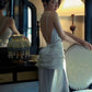 Simple White Mermaid Spaghetti Strap Satin Open Back Prom Dress Party Dress SH4459