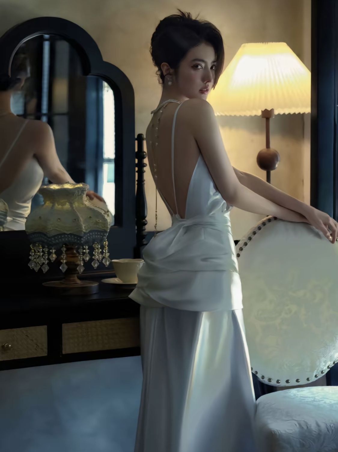 Gentle White Mermaid V Neck Satin Long Prom Dress Evening Dress Date Dress SH5847