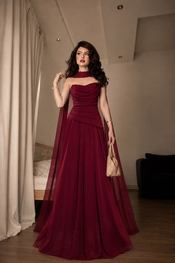 Ethereal Dark Burgundy A Line Strapless Chiffon Long Prom Dress Evening Dress SH7042