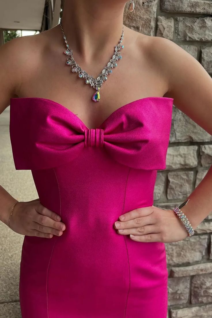 Hot Pink Mermaid Strapless Bow Satin Long Prom Dress Evening Dress SH1733