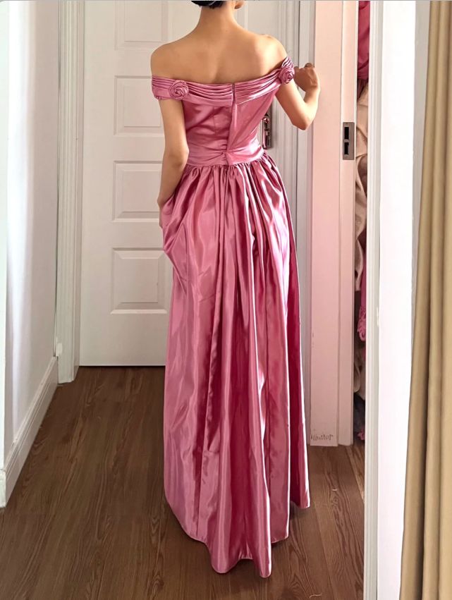 Vintage Pink 3D Floral A Line Off the Shoulder Satin Long Prom Dress Evening Dress SH6901