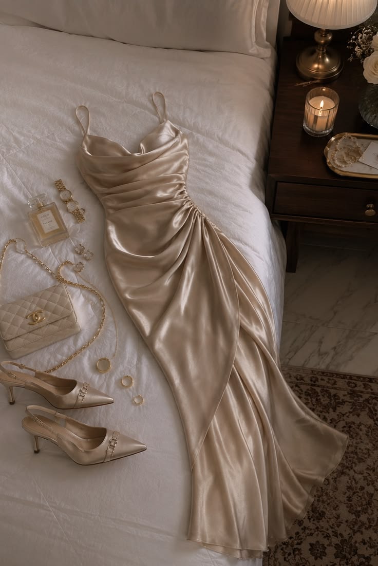 Champagne Mermaid Spaghetti Straps Pleated Satin Prom Dress Evening Dress SH6464