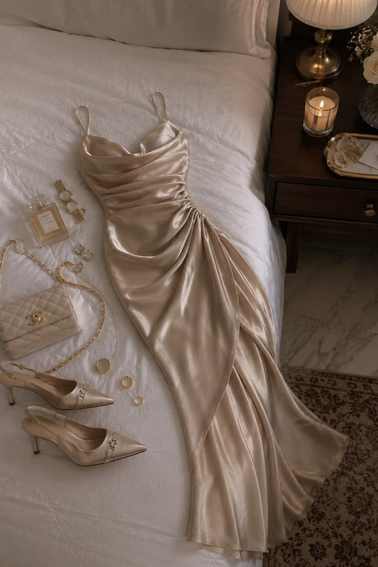 Champagne Mermaid Spaghetti Straps Pleated Satin Prom Dress Evening Dress SH6464