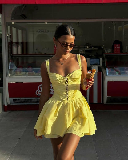 Simple Bright Yellow A Line Straps Satin Short Prom Dress Homecoming Dress Outfits SH6721
