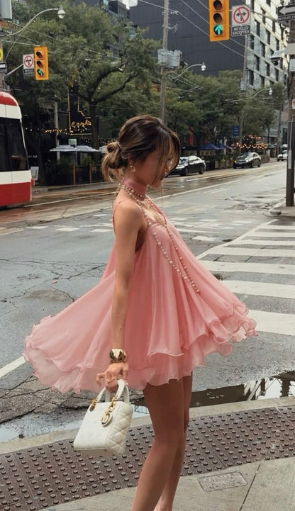 Cute Pink A Line Spaghetti Strap Layered Chiffon Short Homecoming Dress Mini Dress SH8039