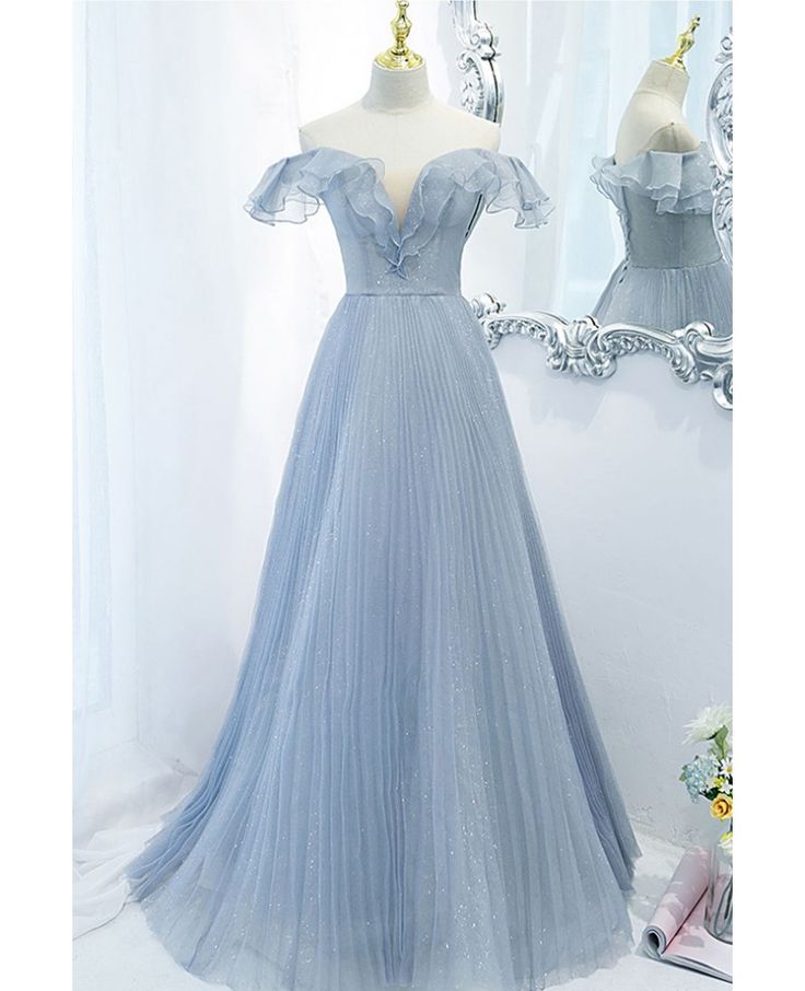 Blue A Line Off the Shoulder Pleated Tulle Prom Dress With Ruffles SH1802