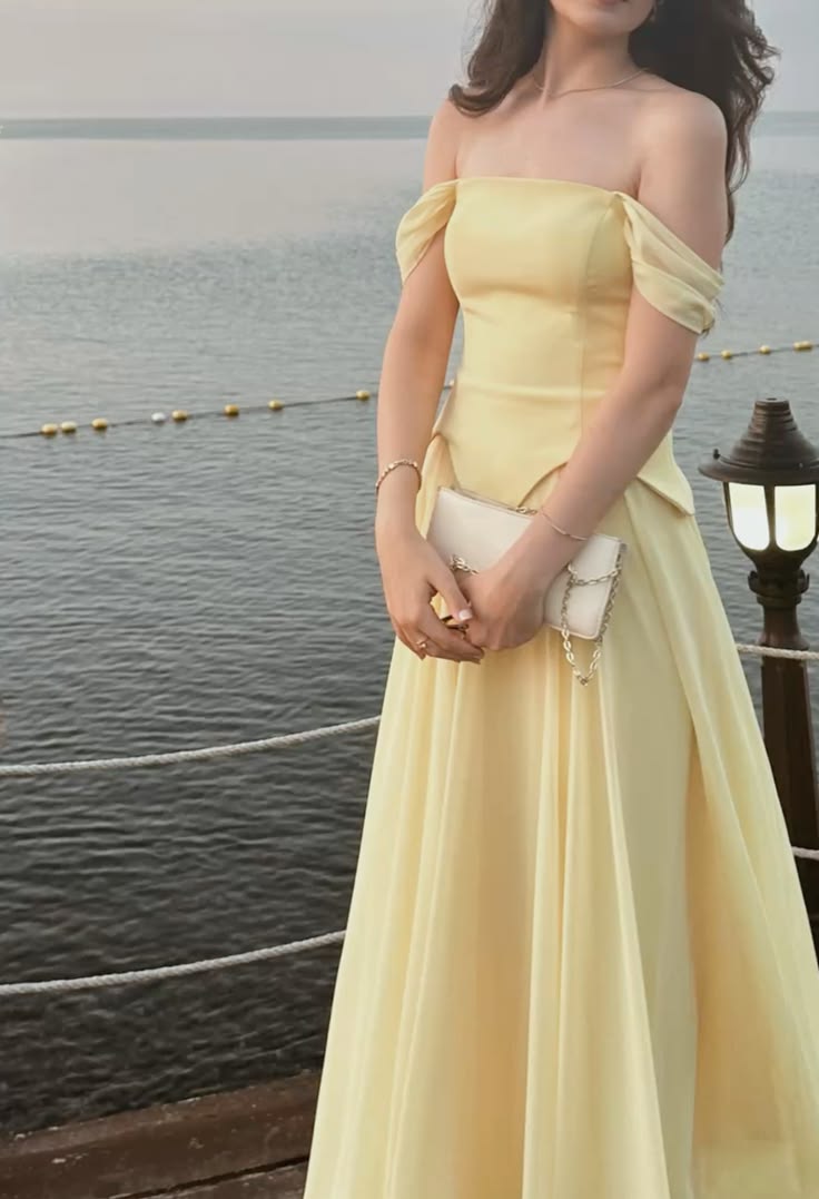 Cute Light Yellow A Line Off the Shoulder Satin Chiffon Long Prom Dress Evening Dress SH7028