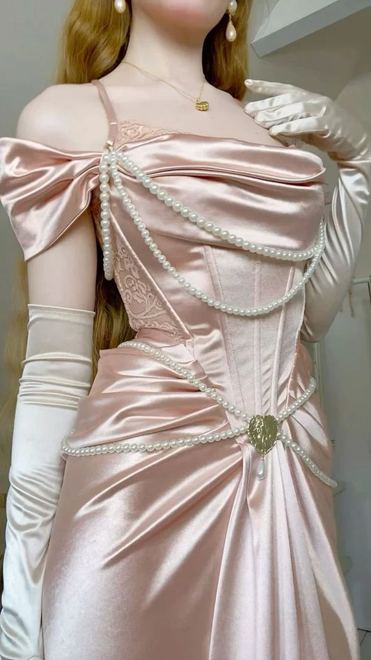 Stunning Sheath Off the Shoulder Pearl Pink Lace Satin Prom Dress Wedding Guest Dress SH4221