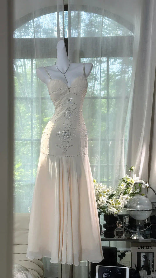 Ivory Mermaid Spaghetti Straps Rhinestone Chiffon Prom Dress Formal Dress Party Dress SH4023