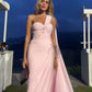 Light Pink Sheath One Shoulder Pleated Beaded Chiffon Prom Dress Wedding Guest Dress SH4699