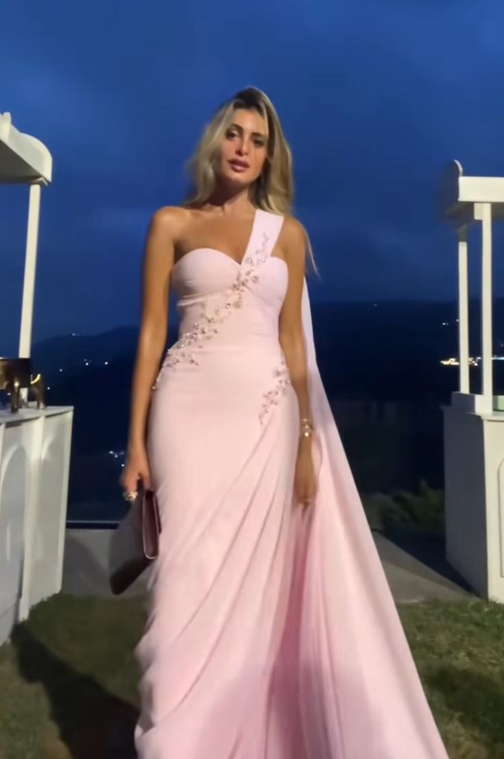 Light Pink Sheath One Shoulder Pleated Beaded Chiffon Prom Dress Weddi shinydress Light Pink Sheath One Shoulder Pleated Beaded Chiffon Prom Dress Weddi shinydress