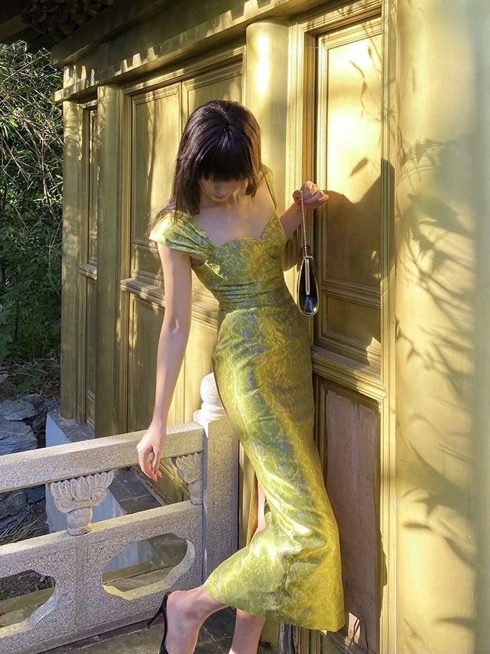 Elegant Sheath Straps Print Flower Green Satin Party Dress Evening Dress SH2867