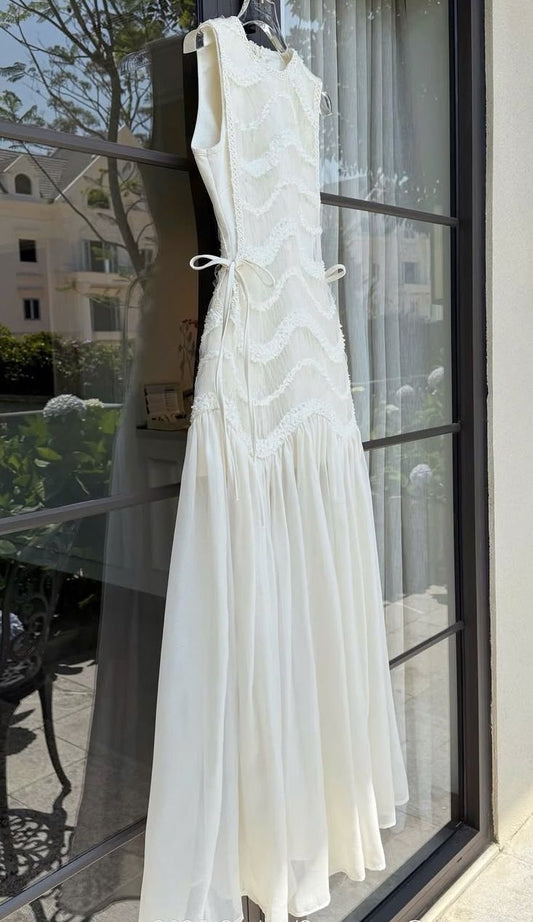 Simple White A Line Round Neck Lace Chiffon Party Dress Outfits SH4259