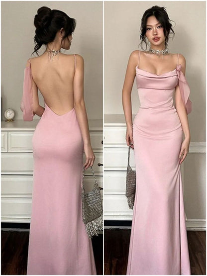 Gentle Mermaid Spaghetti Straps Pink Satin Prom Dress Party Dress Date Dress SH3965