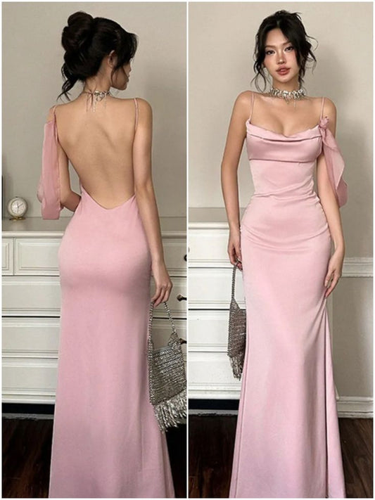 Gentle Mermaid Spaghetti Straps Pink Satin Prom Dress Party Dress Date Dress SH3965