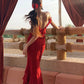 Sexy Burgundy Mermaid Spaghetti Strap Layered Chiffon Formal Gown Evening Dress SH3942
