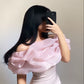 Gentle Pink Mermaid Off the Shoulder Organza Satin Prom Dress Party Dress with Slit SH3680
