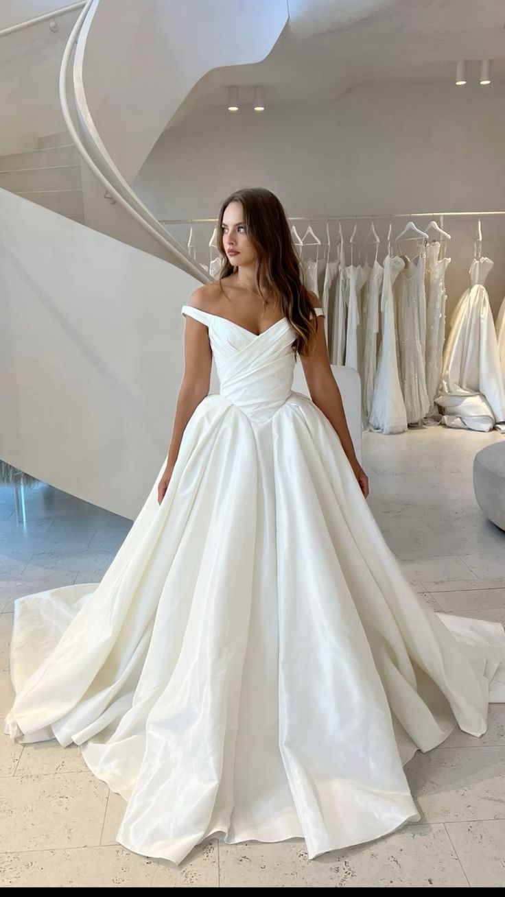 Elegant A Line Off the Shoulder White Pleated Satin Wedding Dress SH9082