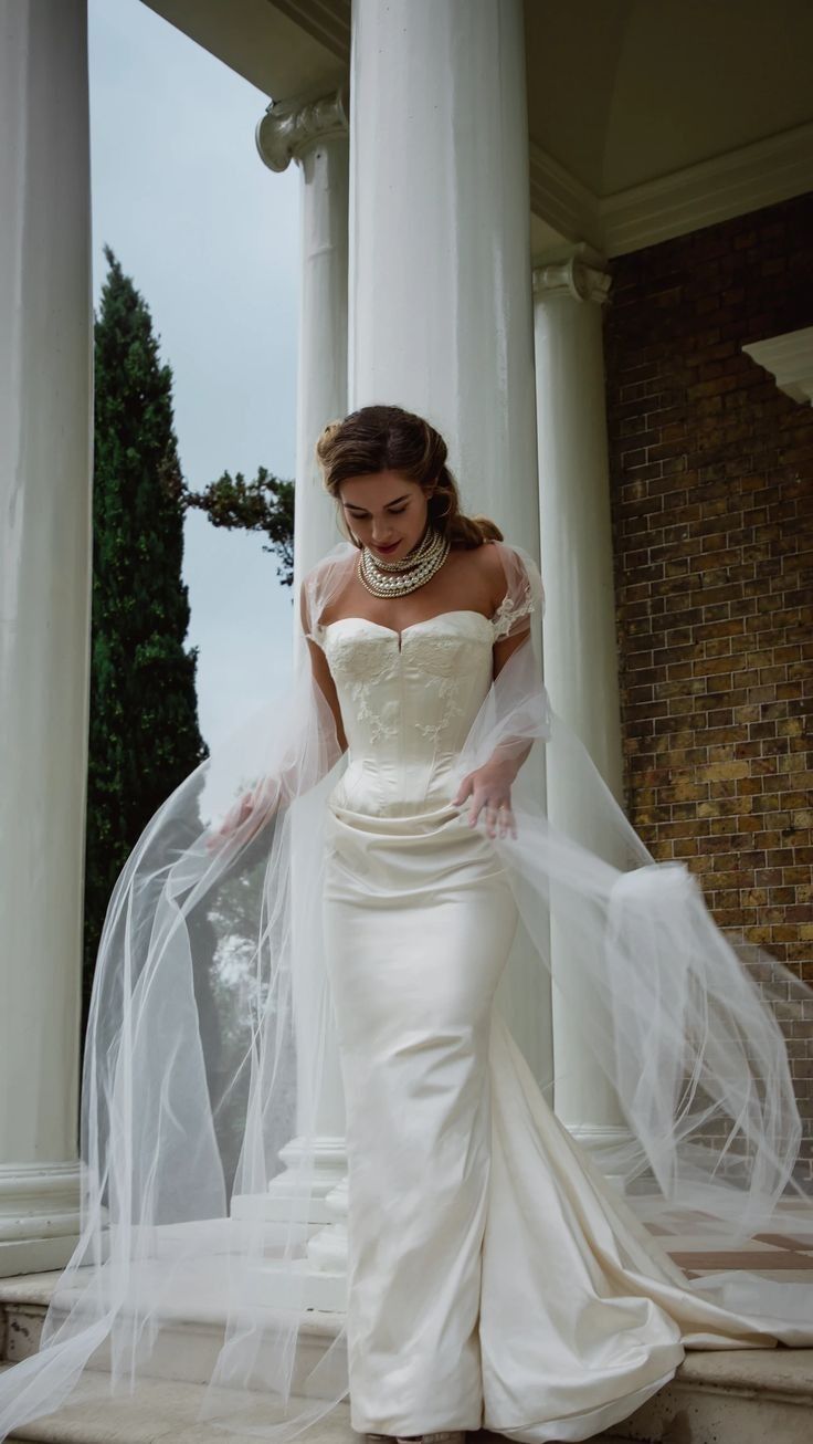 Vintage Sheath Straps Embroidered White Satin Tulle Long Train Wedding Dress SH7448
