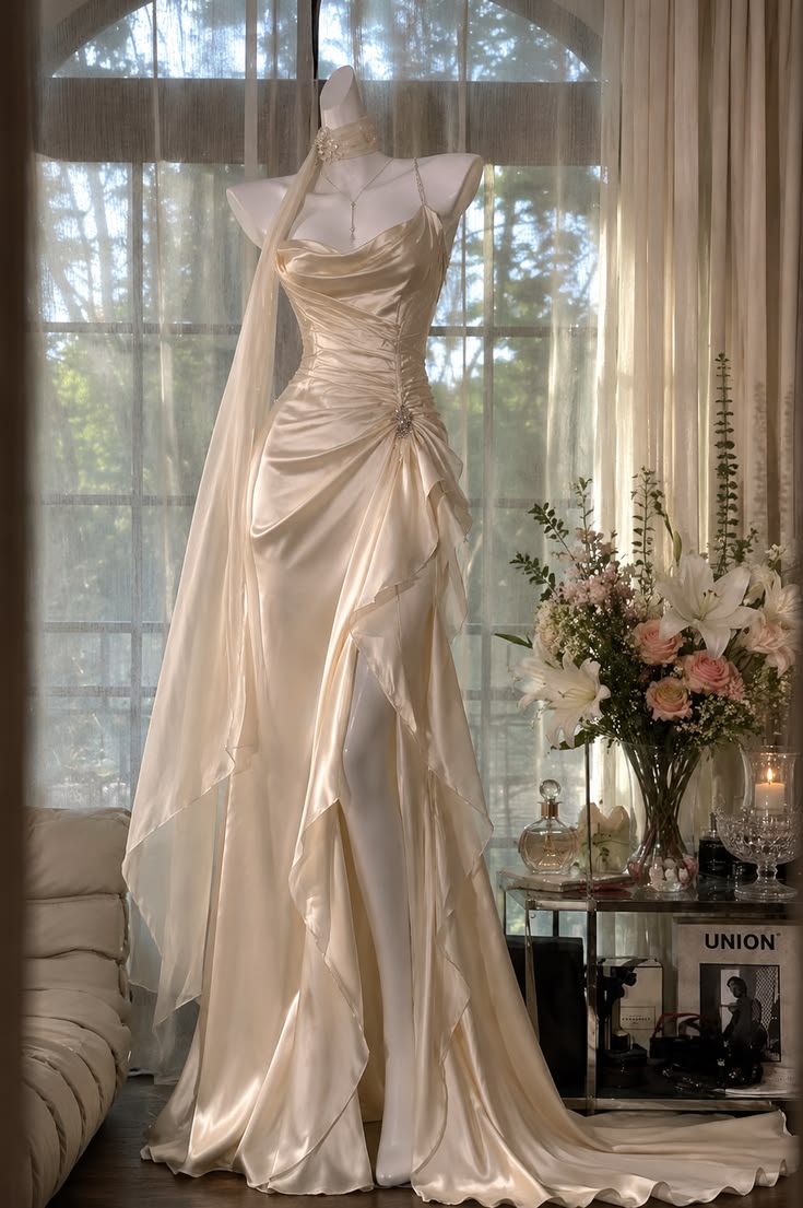 Ivory A Line Spaghetti Straps Pleated Ruffle Satin Slit Wedding Dress Prom Dress SH6029