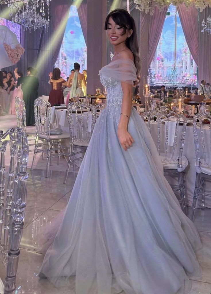 Princess Elegant A Line Off the Shoulder Beaded Tulle Long Prom Dress Party Dress SH5541