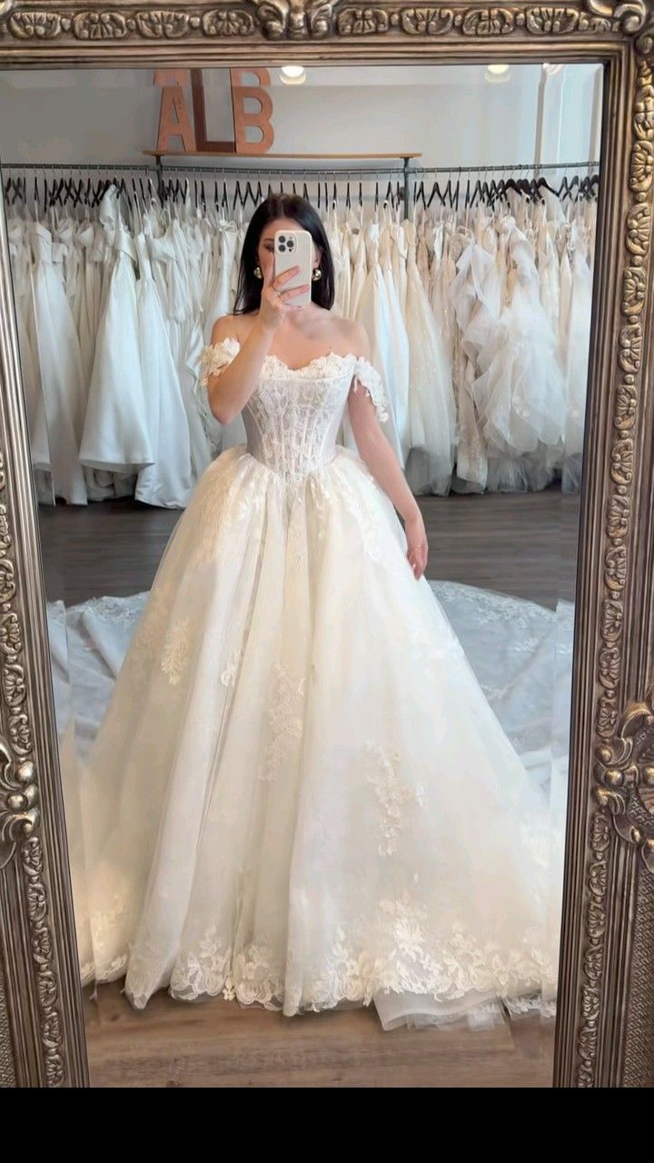Chic A Line Off the Shoulder White Lace Applique Tulle Long Train Wedding Dress SH8736