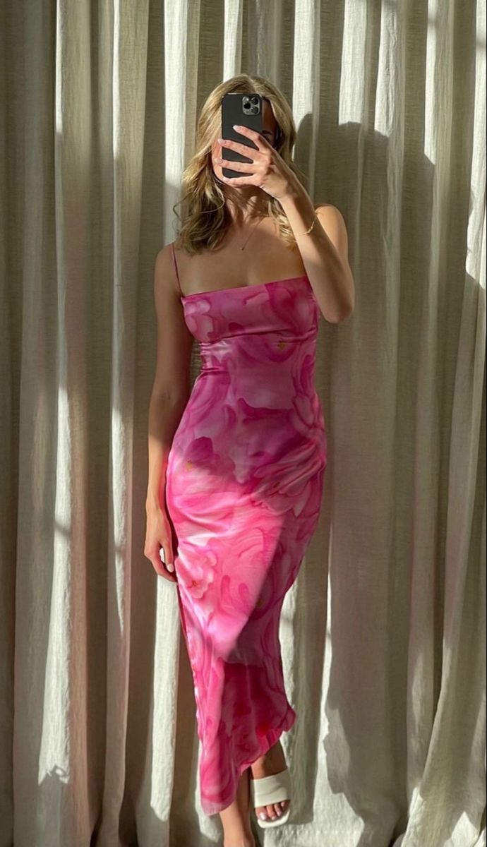 Pink Print Sheath Spaghetti Strap Satin Long Prom Dress Evening Dress SH7592