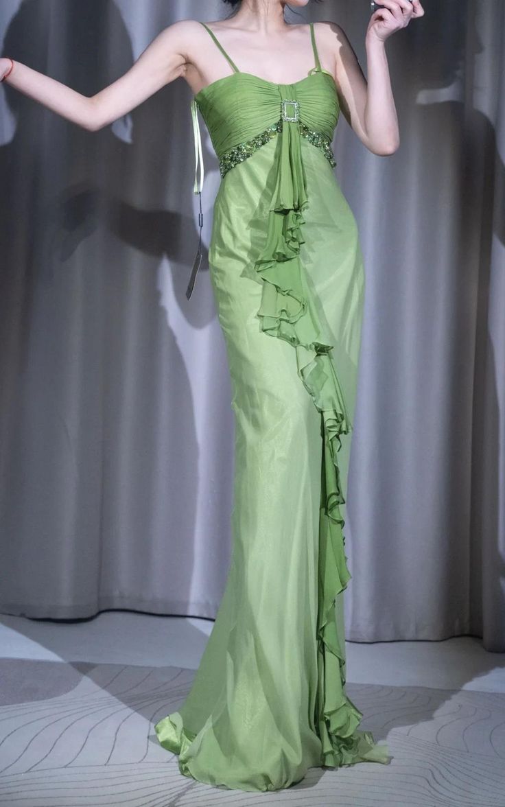 Unique Mermaid Spaghetti Strap Beaded Ruffle Green Satin Chiffon Party Dress Evening Dress SH2876