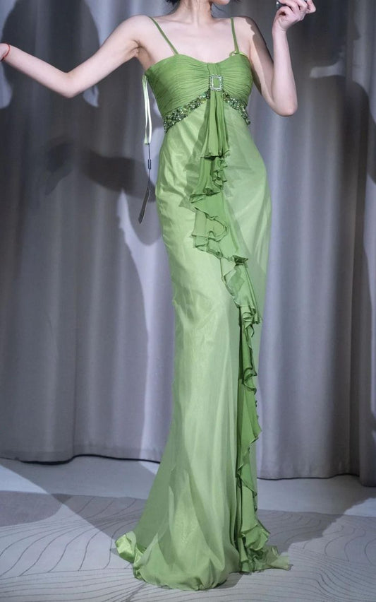 Unique Mermaid Spaghetti Strap Beaded Ruffle Green Satin Chiffon Party Dress Evening Dress SH2876