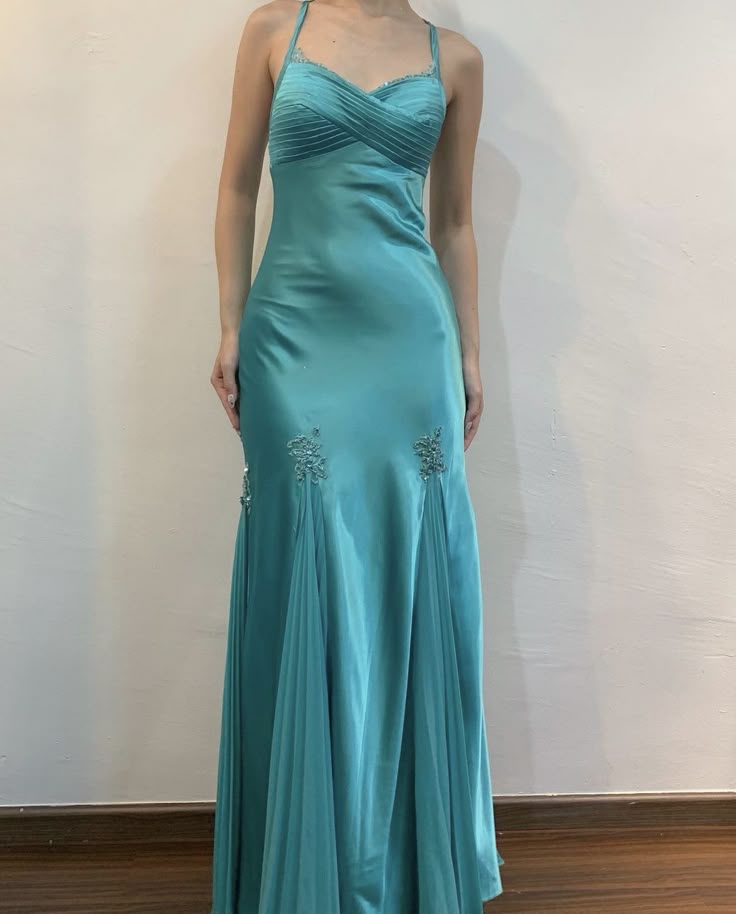 Vintage Mermaid Halter Appliques Blue Satin Chiffon Open Back Party Dress Evening Dress SH2852