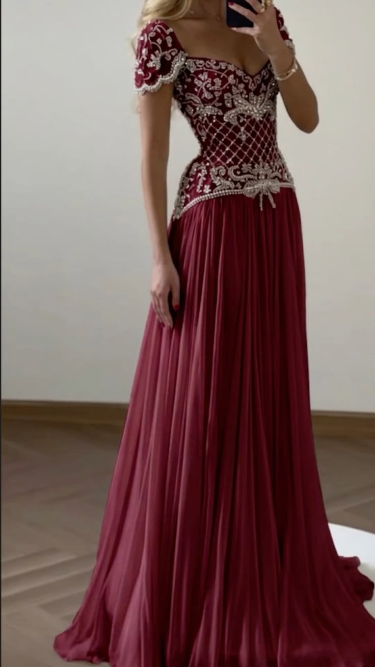 Shiny Rhinestone A Line Red Satin Long Prom Dress Evening Dress SH6713
