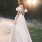 Princess A Line Puff White Appliques Satin Long Prom Dress Evening Dress SH3318