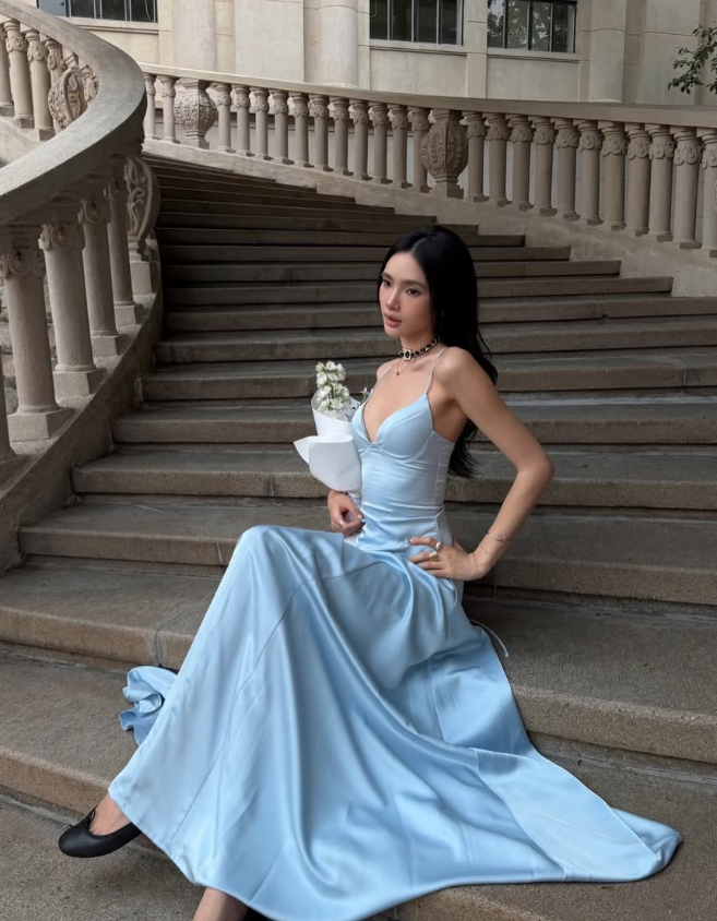 Pretty Blue A Line Spaghetti Strap Satin Long Prom Dress Evening Dress SH8790