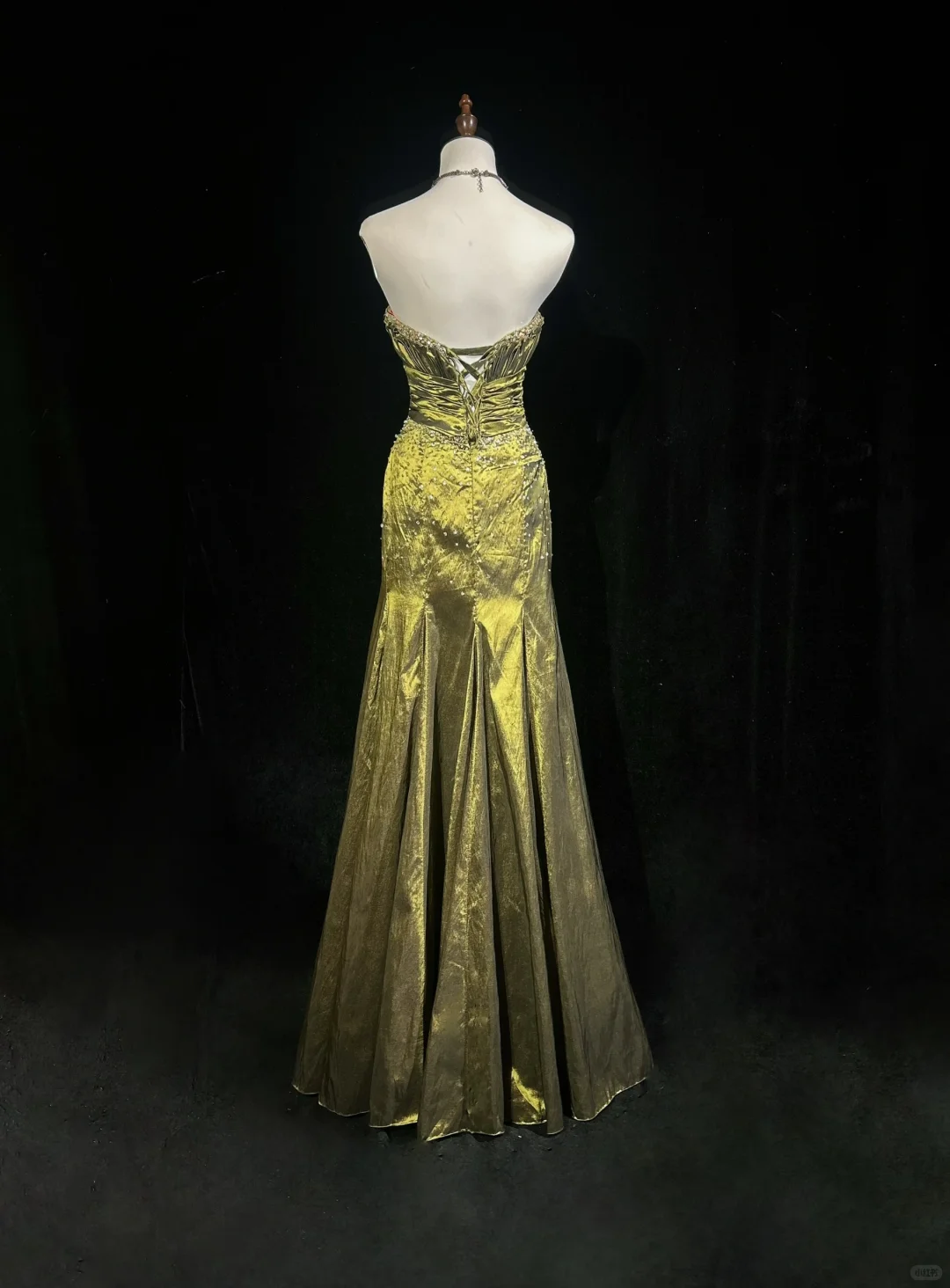 Retro Green Mermaid Strapless Beaded Pleated Satin Prom Dress Evening Dress SH3331