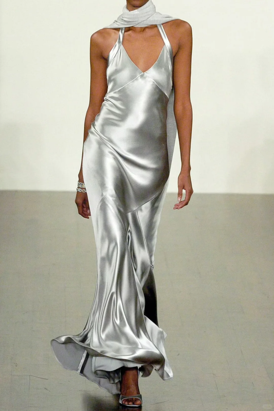 Unique Mermaid Halter Simple Silver Satin Open Back Prom Dress Wedding Guest Dress SH4919