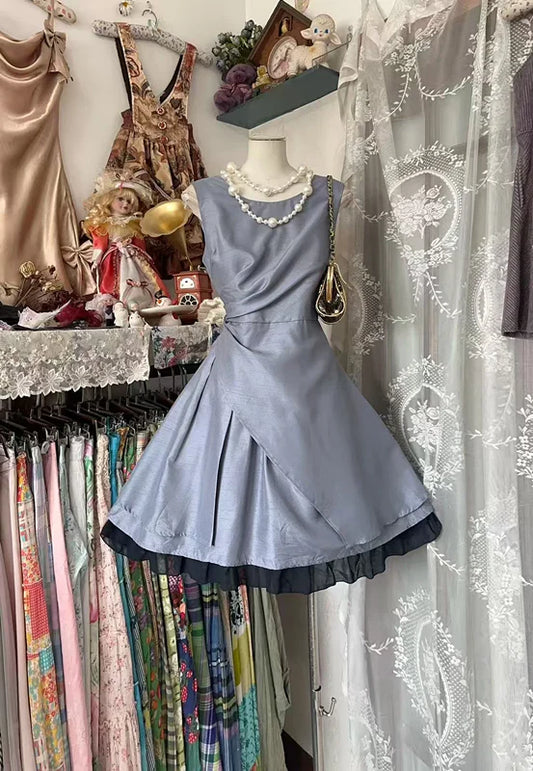 Vintage A Line Round Neck Simple Satin Mini Summer Dress Homecoming Dress SH6470