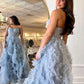 Blue A Line Strapless Ruffle Tulle Long Prom Dresses with Slit SH1716